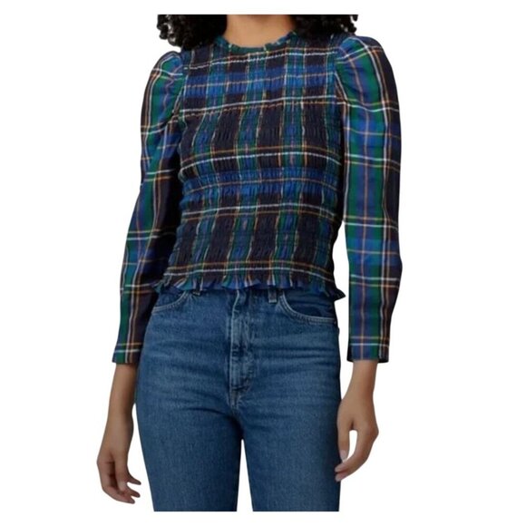 Tanya Taylor Katherine Blue and Green Plaid Cotton Poplin Smocked Blouse Small - Picture 1 of 8